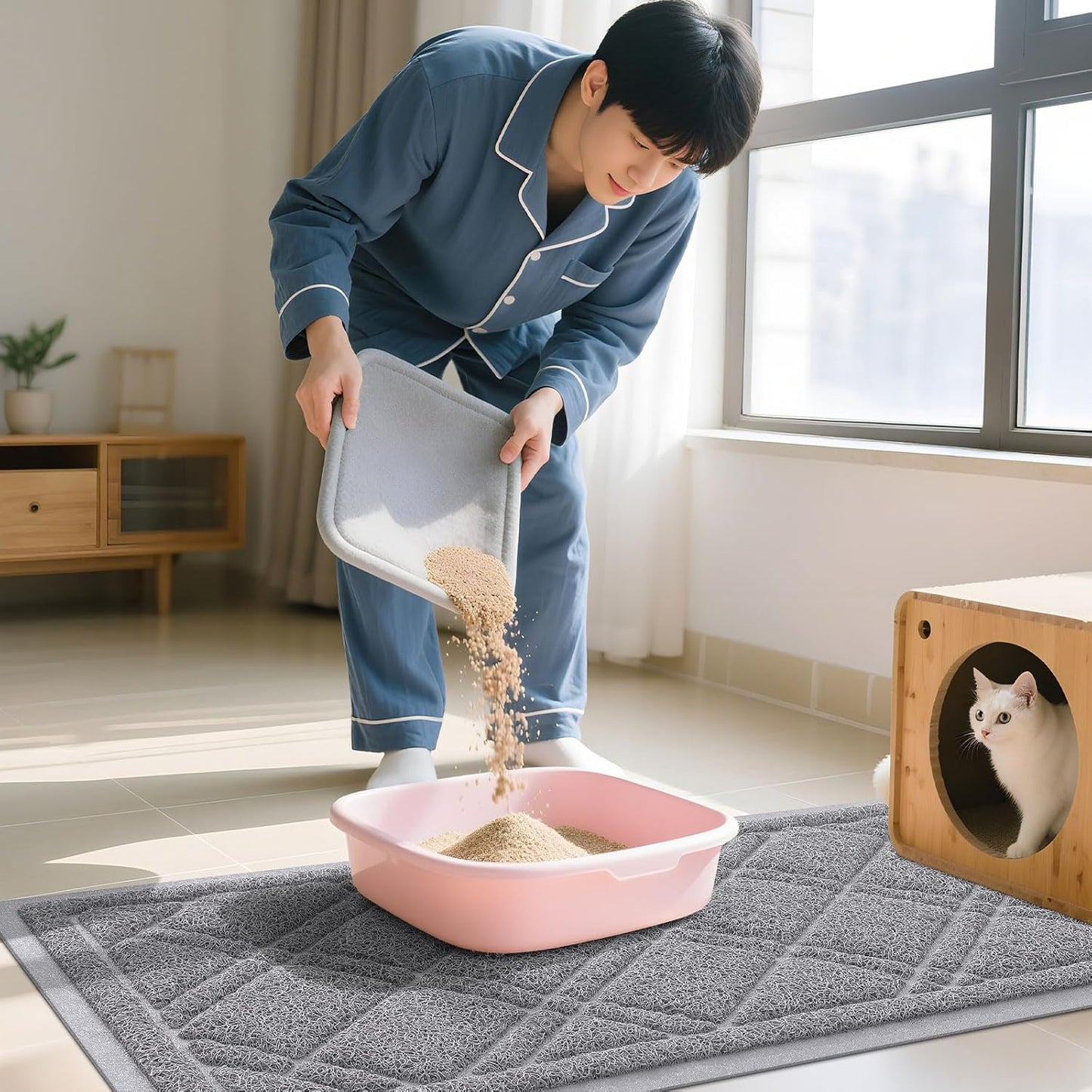 Cat Litter Box Mat 30X20, Non-Slip Water Resistant Litter Trapping Mat, Easy Clean Less Waste and Urine-Locking Cat Carpet for Indoor, Grey