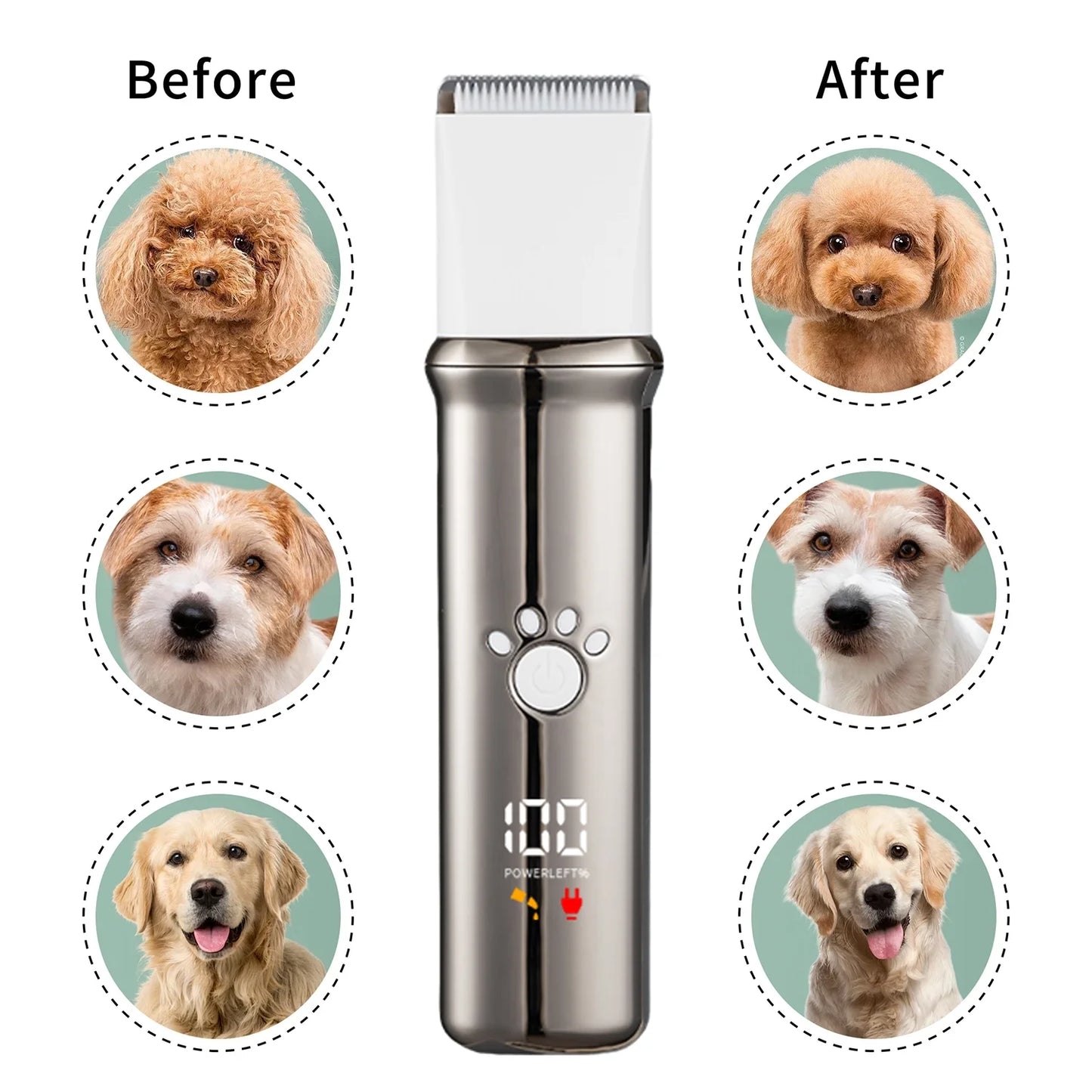 4 in 1 Dog Grooming Clippers Kit with LED Display,Waterproof Dog Clippers Cordless for Thick Hair,Low Noise Dog Hair Trimmer for Dogs Cats Animals