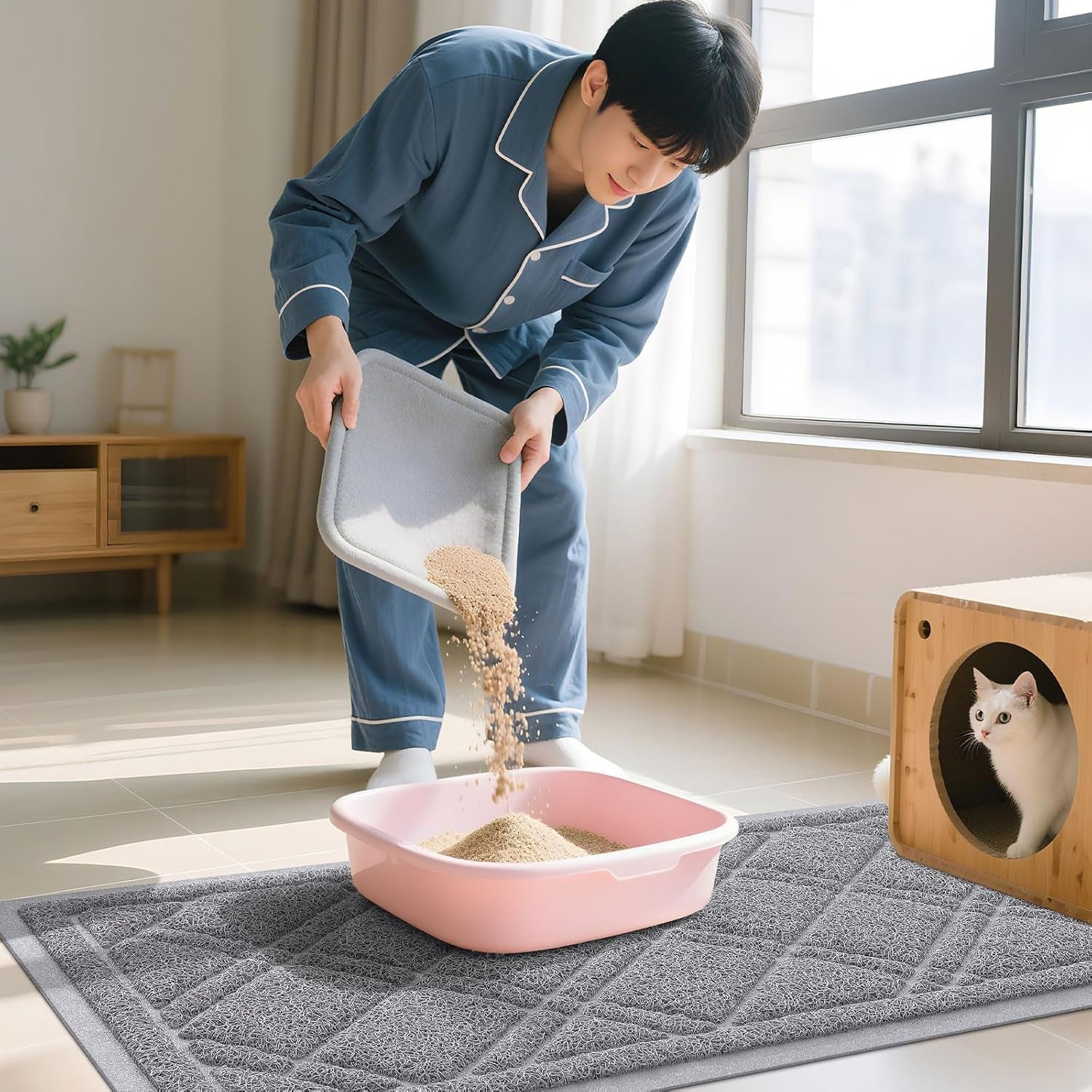 Cat Litter Box Mat 30X20, Non-Slip Water Resistant Litter Trapping Mat, Easy Clean Less Waste and Urine-Locking Cat Carpet for Indoor, Grey