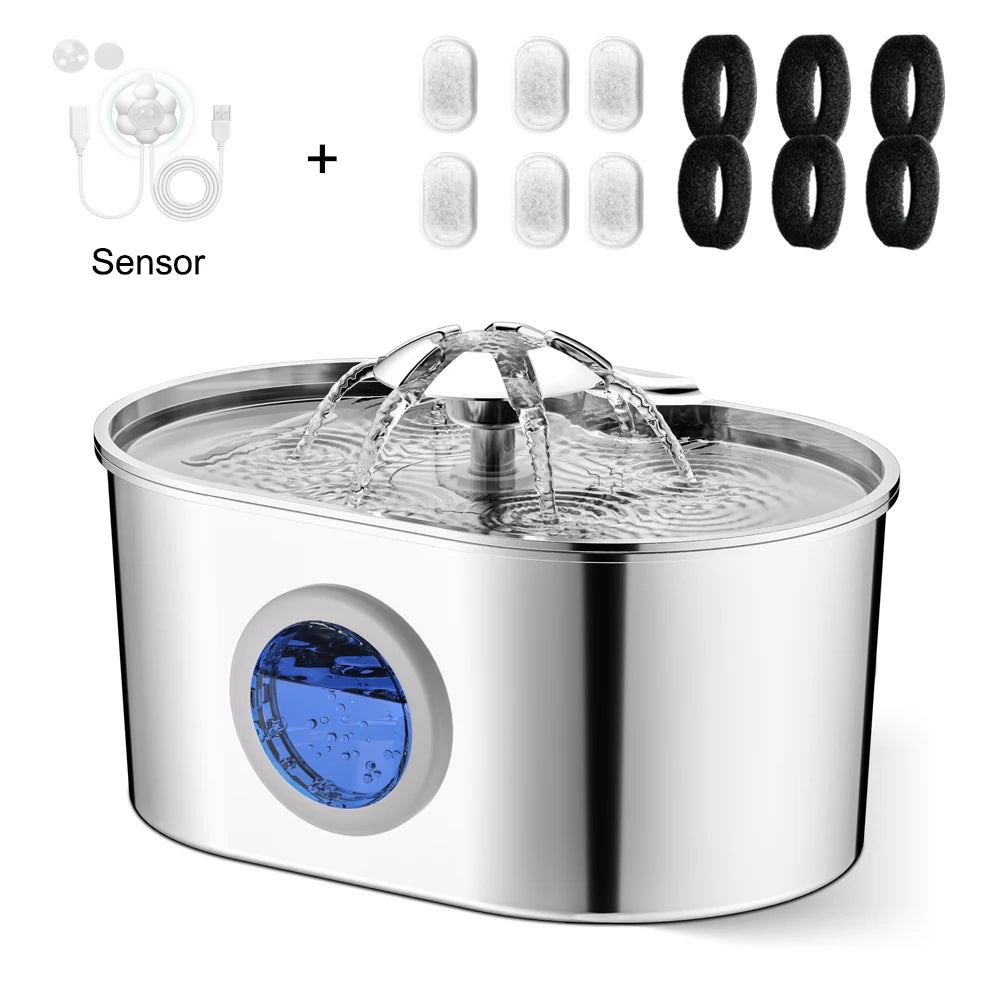 2.2L Dog Fountain Stainless Steel Automatic Pet Drinker with Filter Quiet Indoor Animal Watering Fountain
