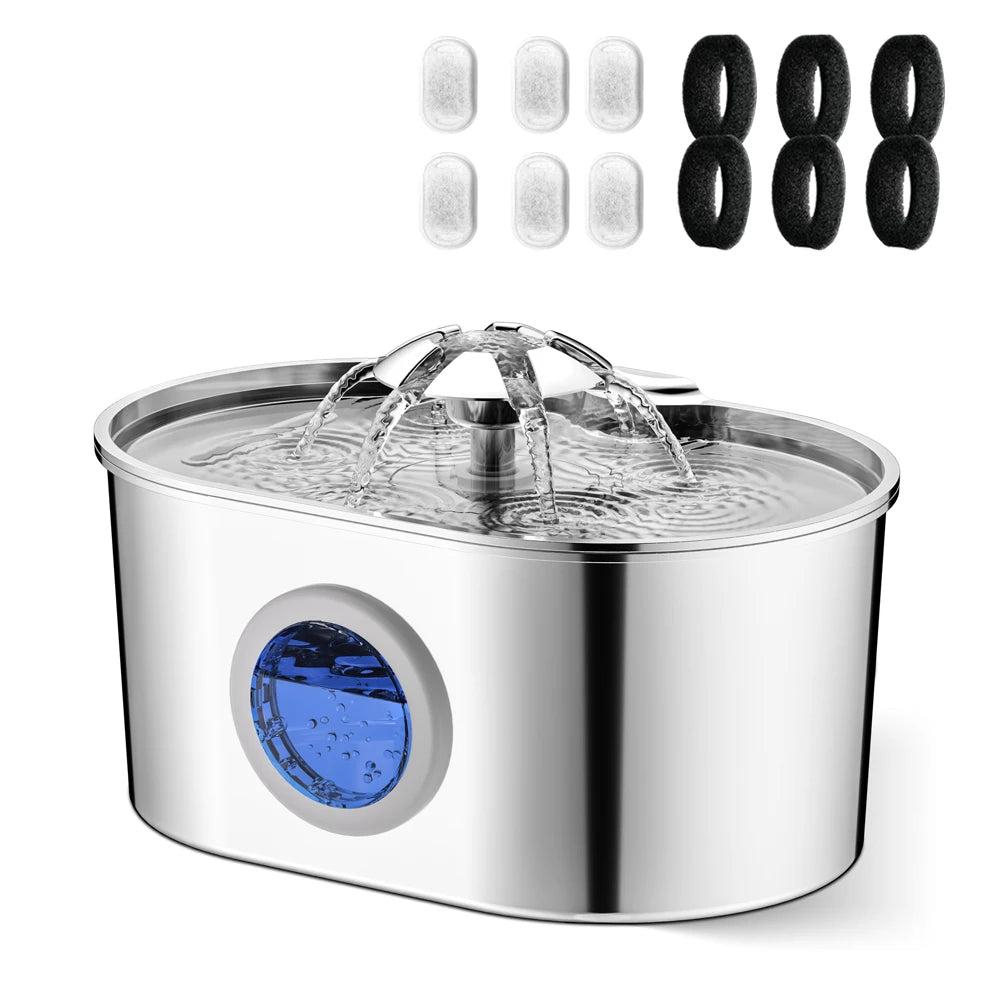 2.2L Dog Fountain Stainless Steel Automatic Pet Drinker with Filter Quiet Indoor Animal Watering Fountain