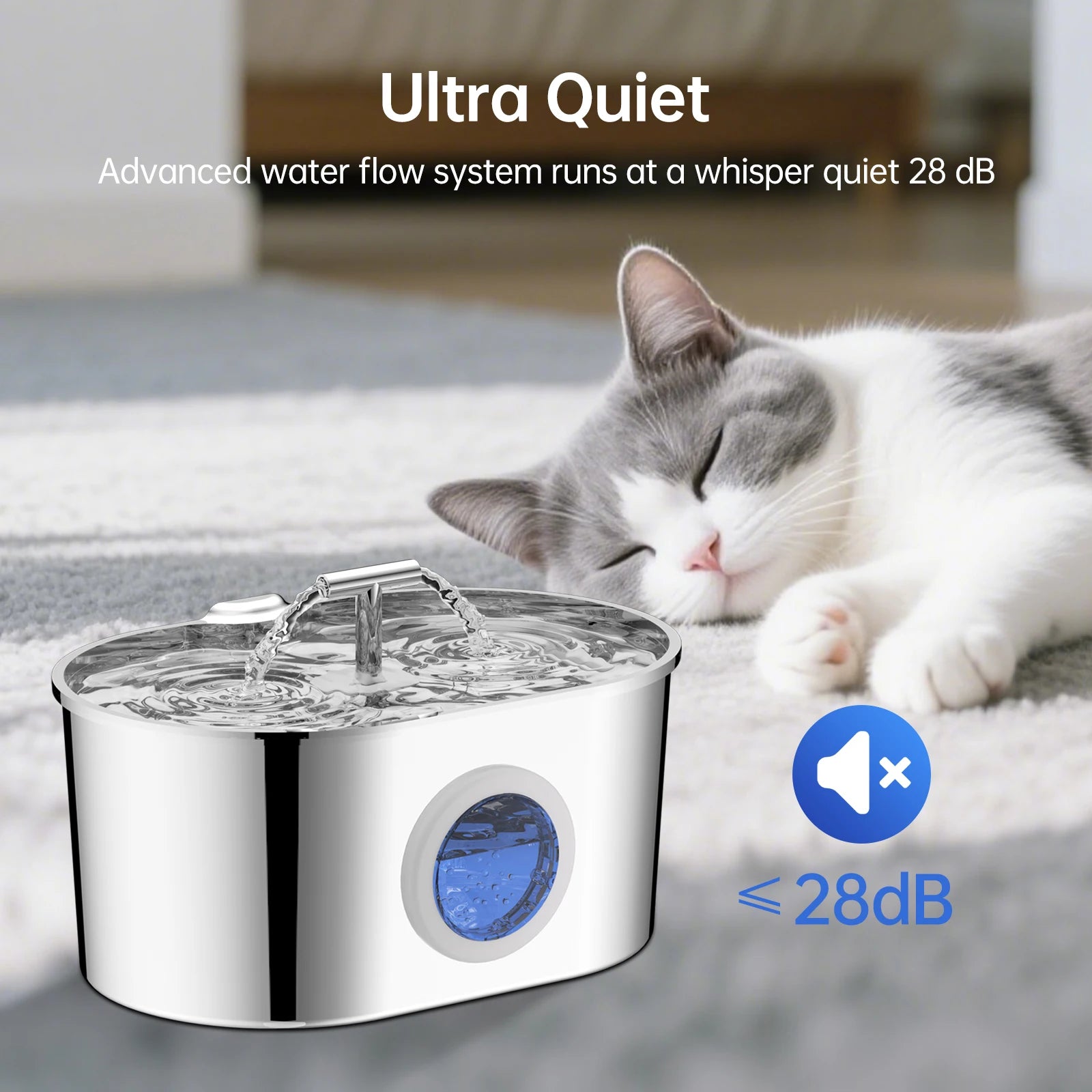 2.2L Dog Fountain Stainless Steel Automatic Pet Drinker with Filter Quiet Indoor Animal Watering Fountain