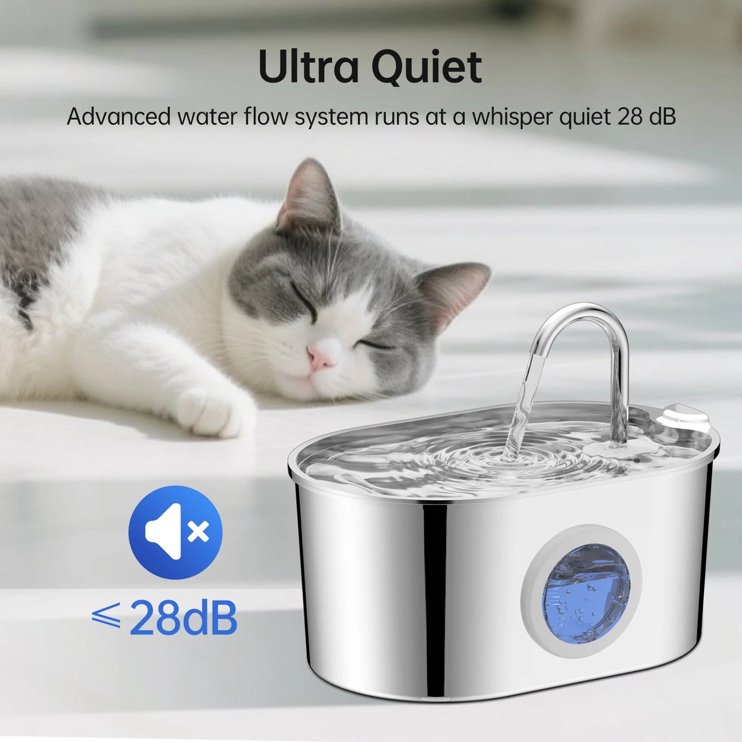 2.2L Dog Fountain Stainless Steel Automatic Pet Drinker with Filter Quiet Indoor Animal Watering Fountain