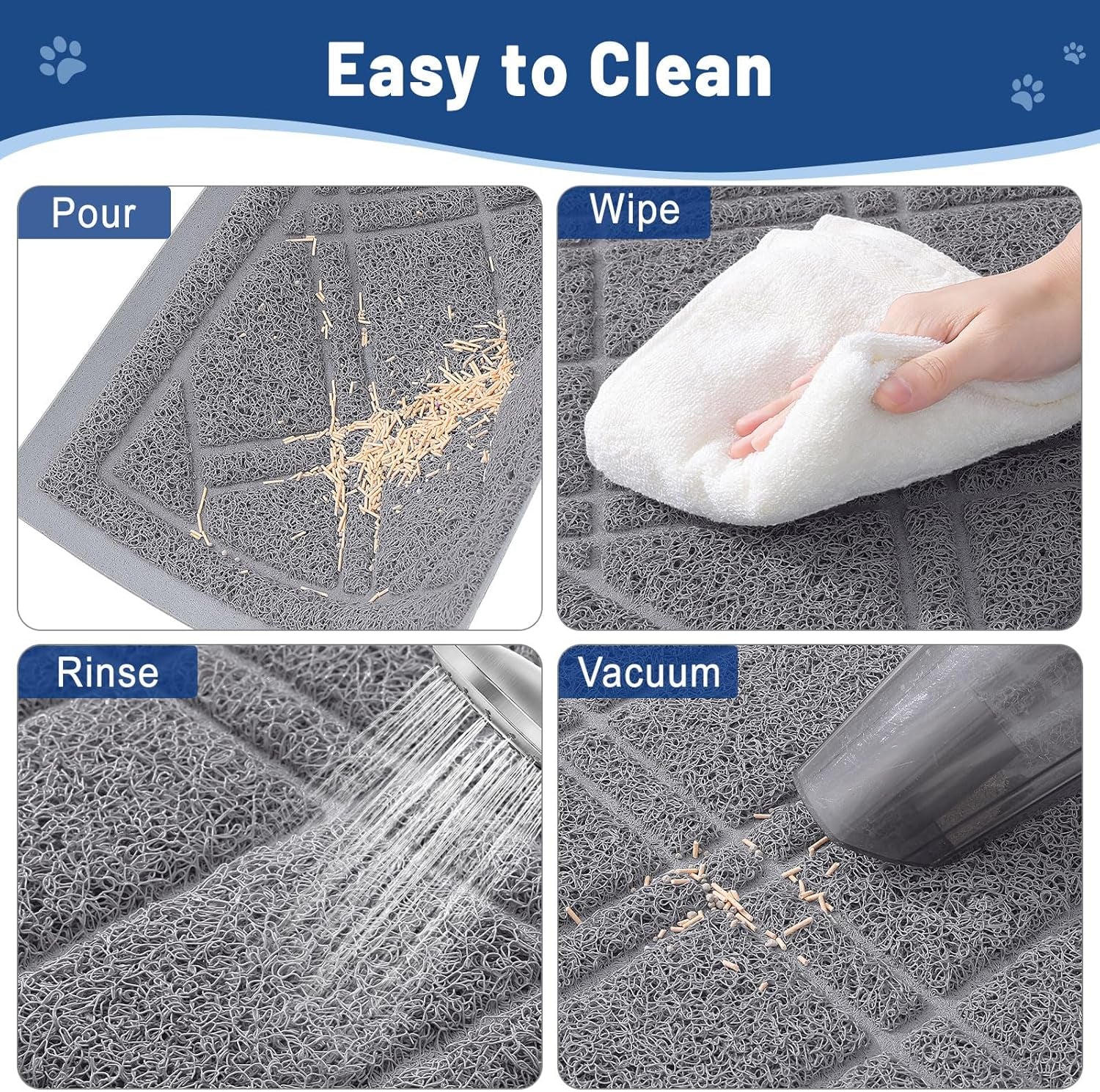 Cat Litter Box Mat 30X20, Non-Slip Water Resistant Litter Trapping Mat, Easy Clean Less Waste and Urine-Locking Cat Carpet for Indoor, Grey