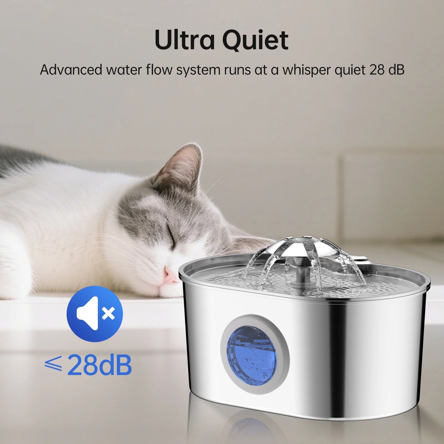 2.2L Dog Fountain Stainless Steel Automatic Pet Drinker with Filter Quiet Indoor Animal Watering Fountain