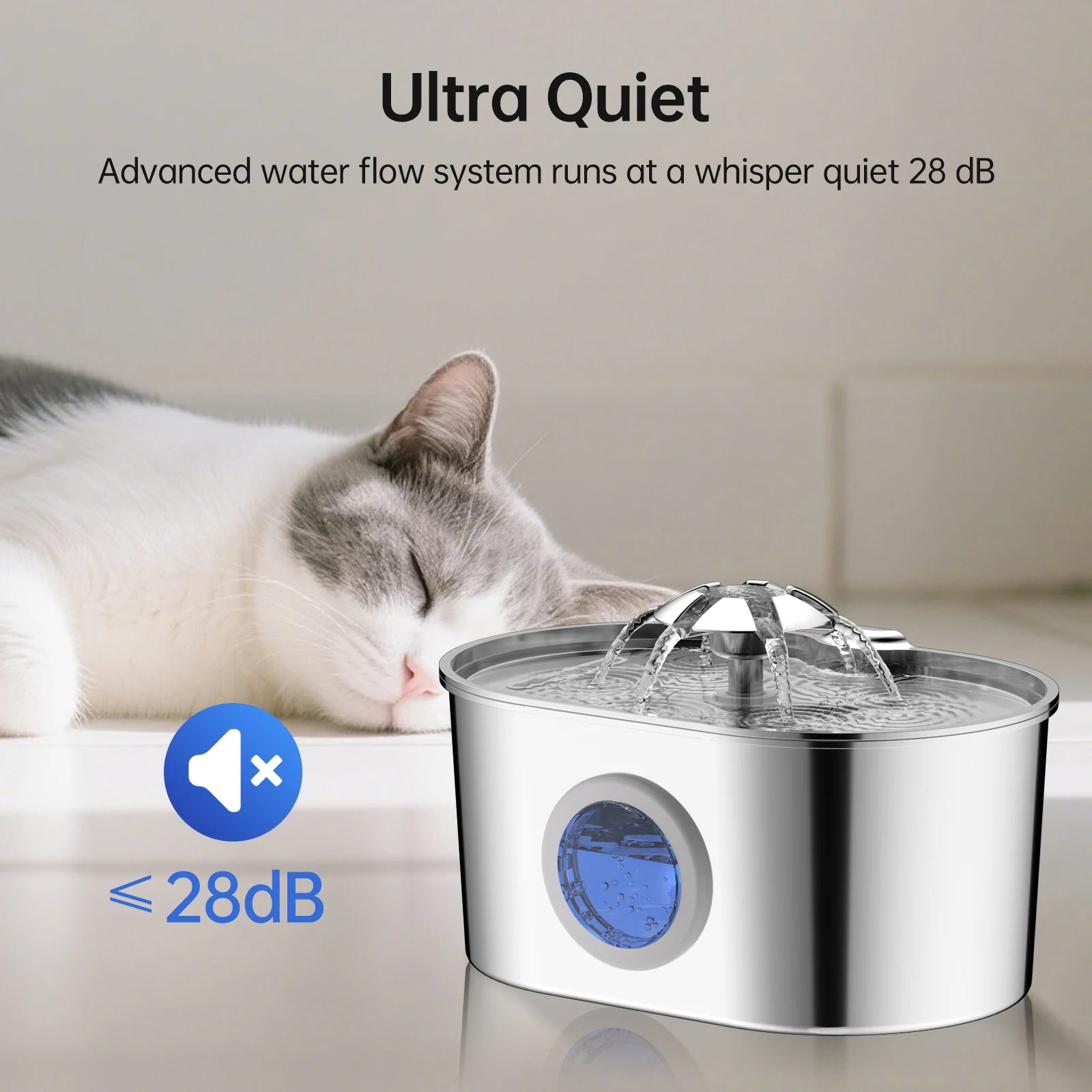 2.2L Dog Fountain Stainless Steel Automatic Pet Drinker with Filter Quiet Indoor Animal Watering Fountain