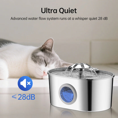 2.2L Dog Fountain Stainless Steel Automatic Pet Drinker with Filter Quiet Indoor Animal Watering Fountain