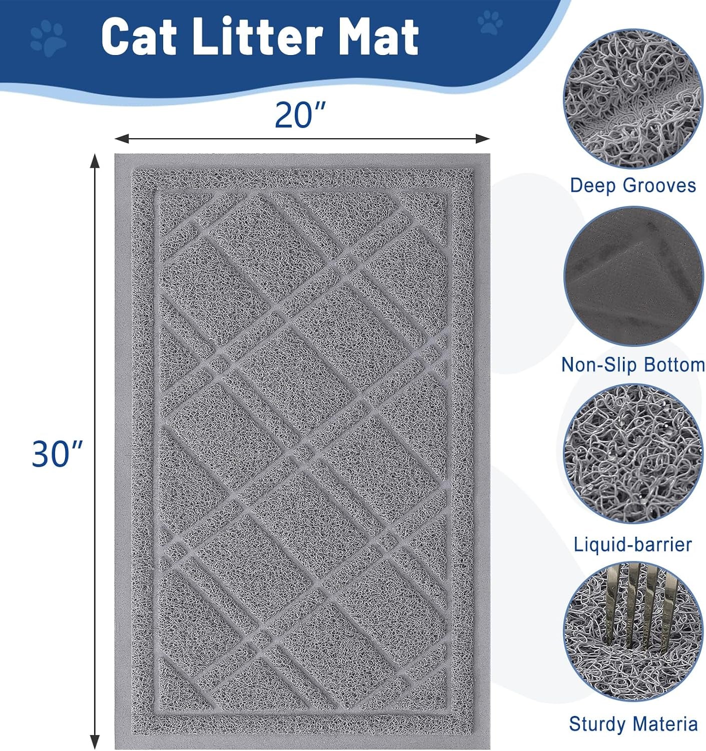 Cat Litter Box Mat 30X20, Non-Slip Water Resistant Litter Trapping Mat, Easy Clean Less Waste and Urine-Locking Cat Carpet for Indoor, Grey