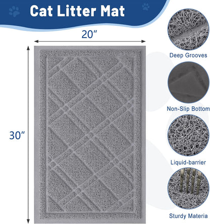 Cat Litter Box Mat 30X20, Non-Slip Water Resistant Litter Trapping Mat, Easy Clean Less Waste and Urine-Locking Cat Carpet for Indoor, Grey