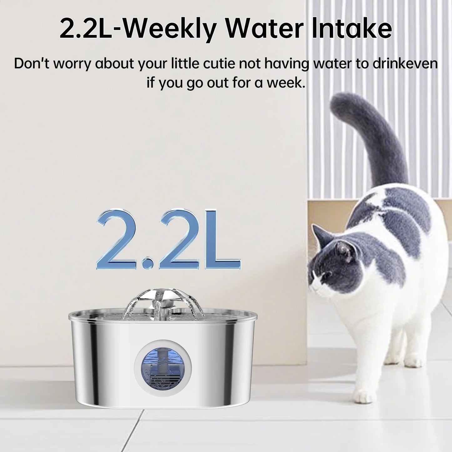 2.2L Dog Fountain Stainless Steel Automatic Pet Drinker with Filter Quiet Indoor Animal Watering Fountain