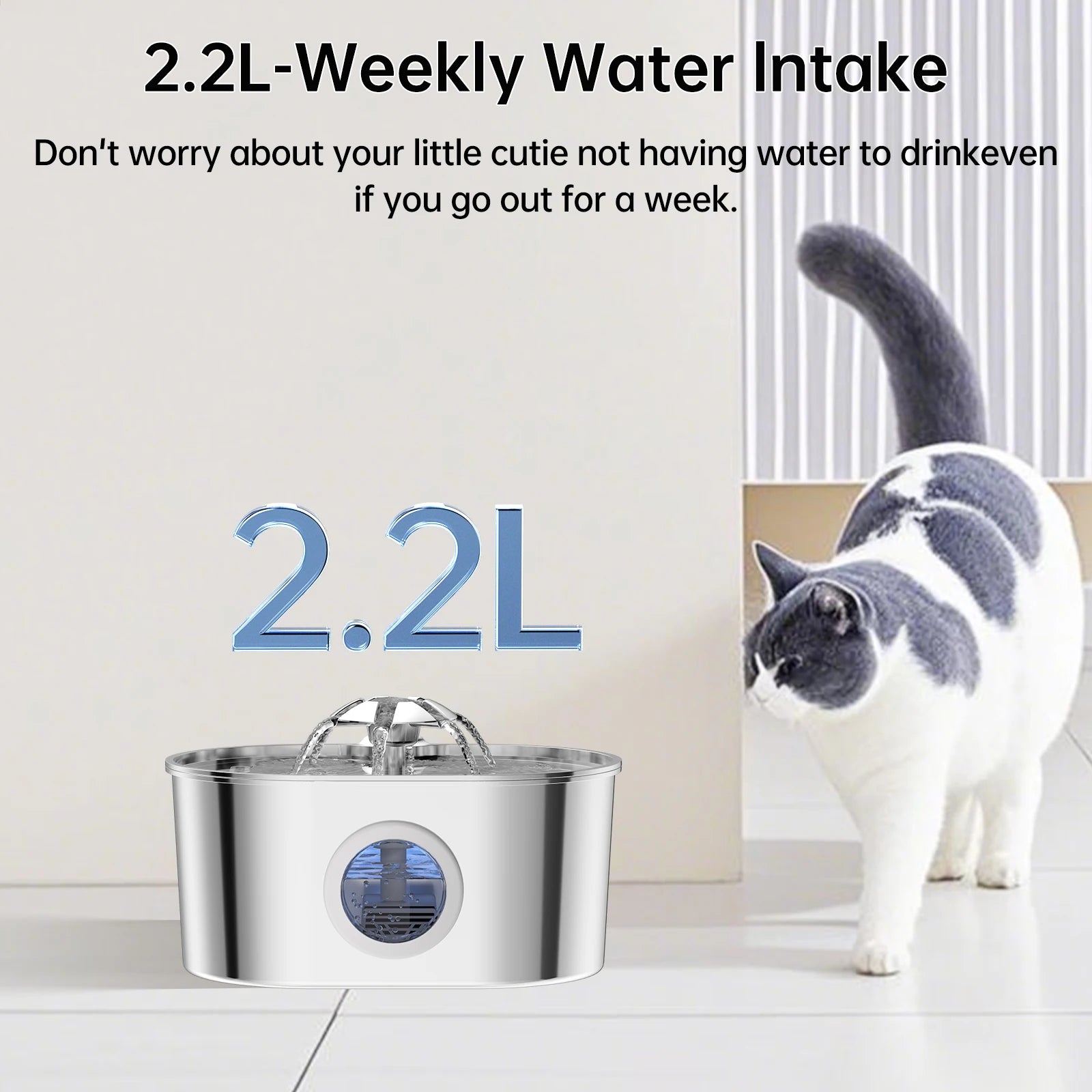 2.2L Dog Fountain Stainless Steel Automatic Pet Drinker with Filter Quiet Indoor Animal Watering Fountain