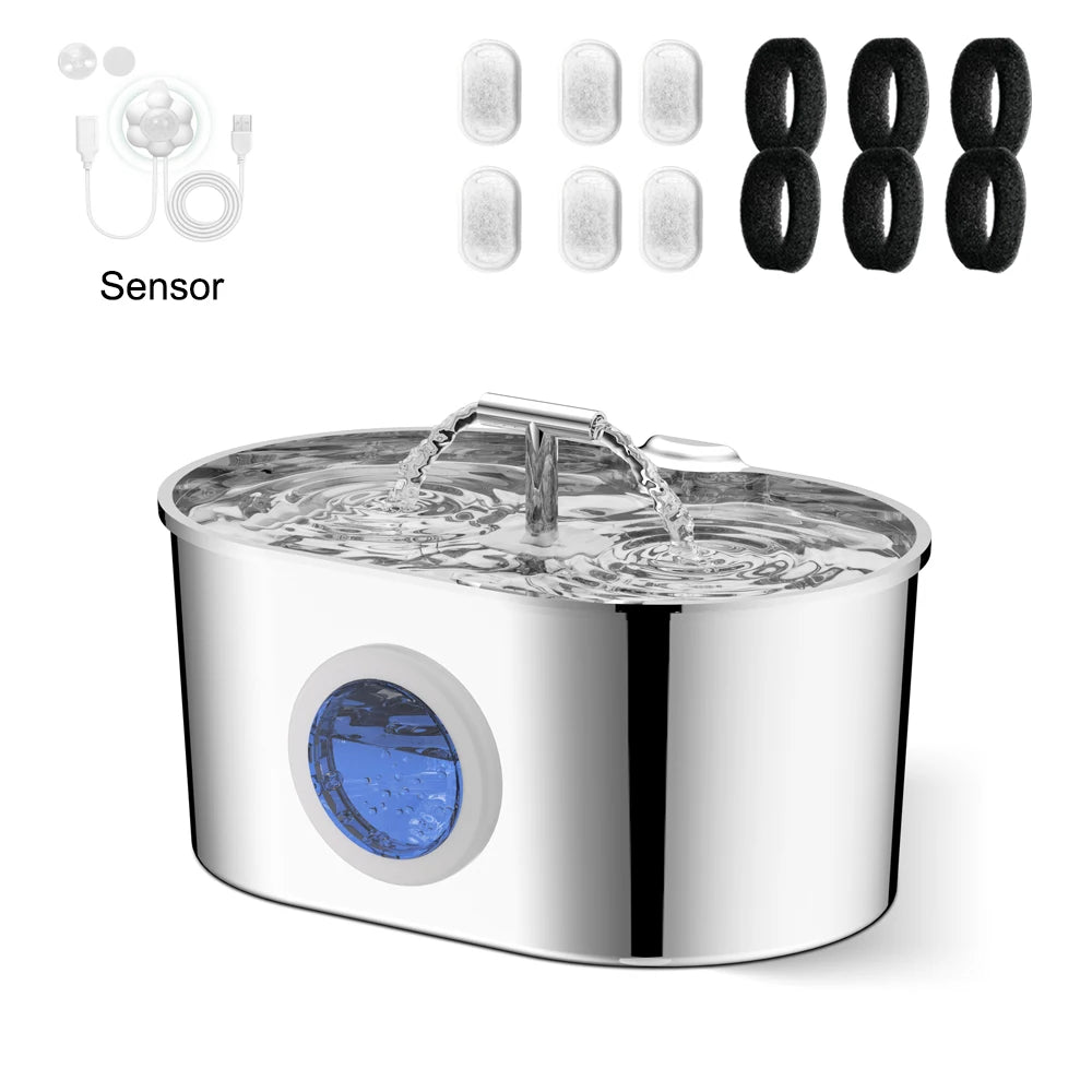 2.2L Dog Fountain Stainless Steel Automatic Pet Drinker with Filter Quiet Indoor Animal Watering Fountain