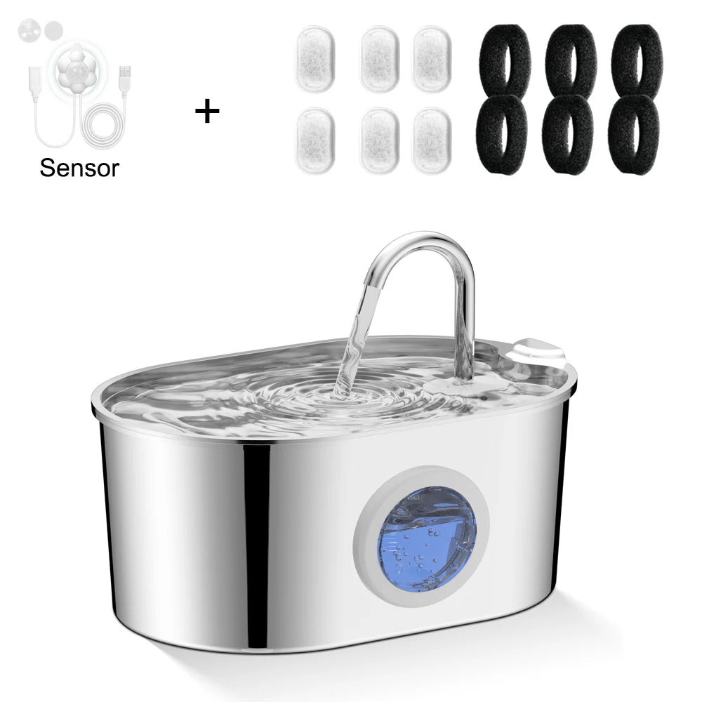 2.2L Dog Fountain Stainless Steel Automatic Pet Drinker with Filter Quiet Indoor Animal Watering Fountain